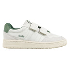 White Gola trainers with green trim and three hook and loop fasteners