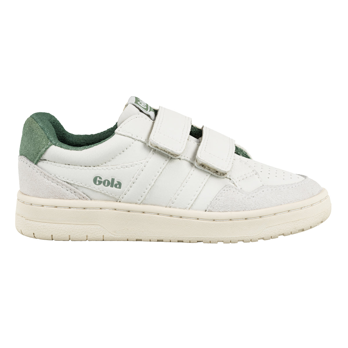 Gola Classics white trainer with green heel tab and hook and loop fastening