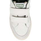 Close up of the toe of a white Gola trainer with two velcro straps and a green Gola logo on the tongue