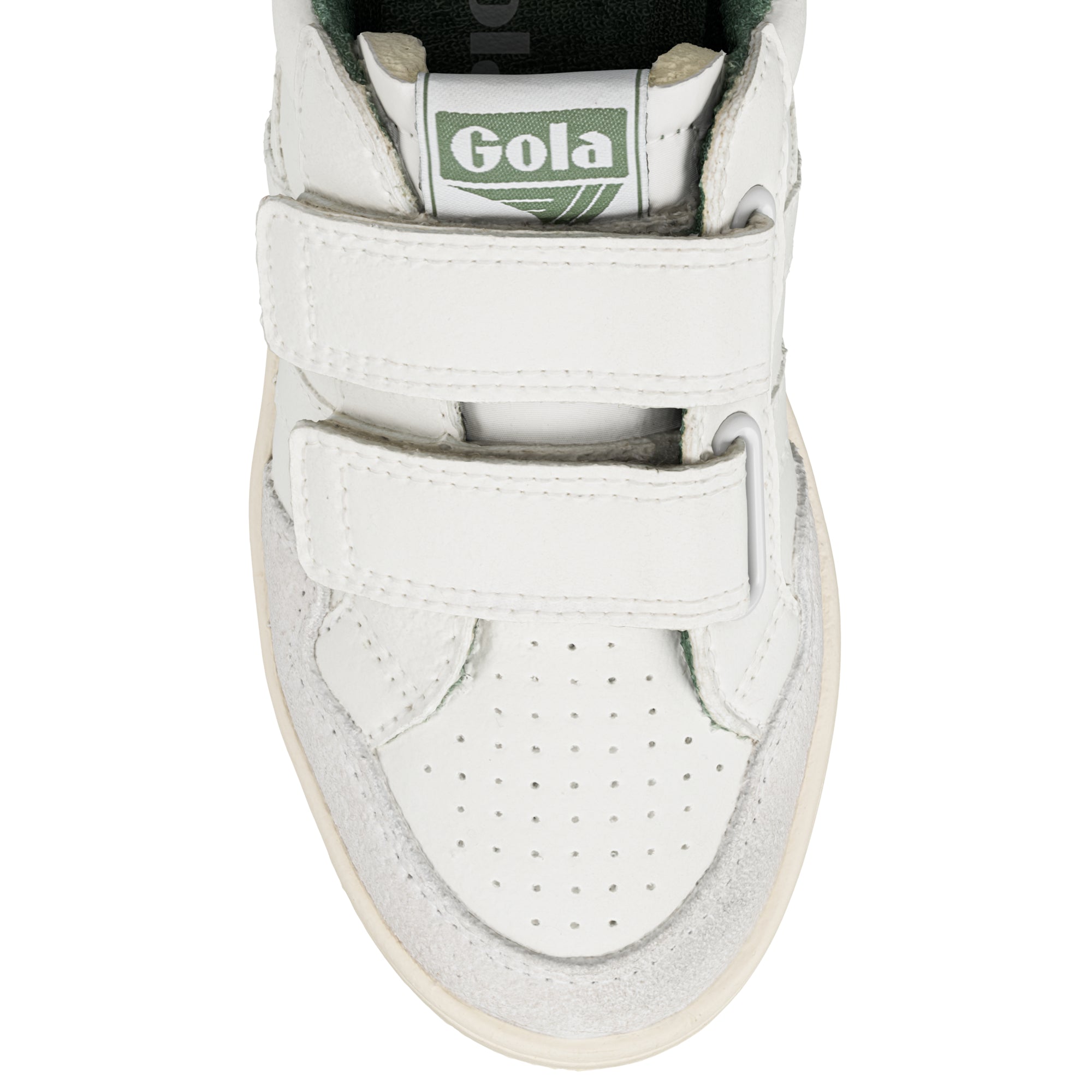 Close up of the toe of a white Gola trainer with two velcro straps and a green Gola logo on the tongue