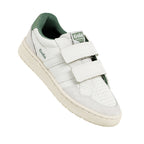 White Gola trainers with green lining and two white hook and loop straps