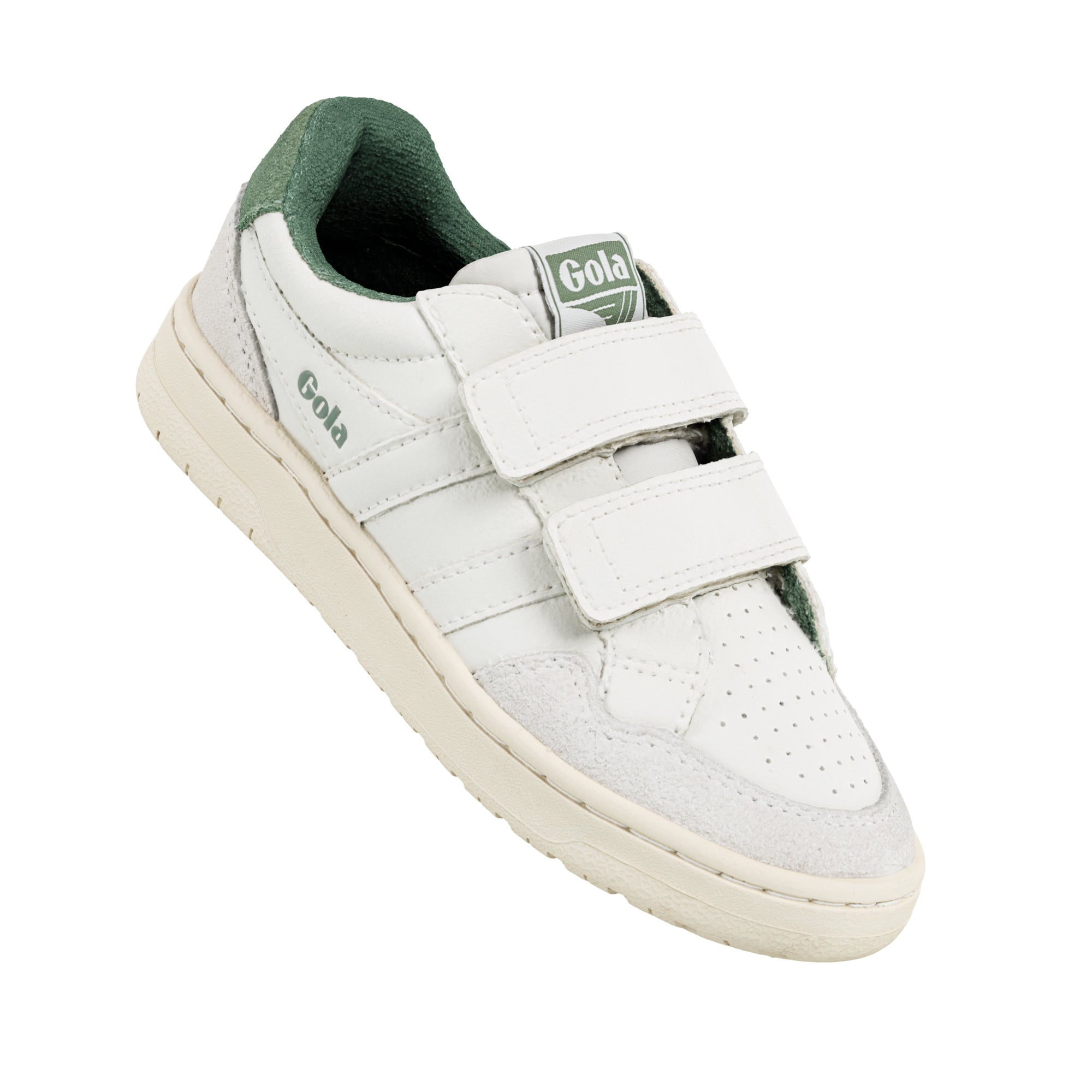 White Gola trainers with green lining and two white hook and loop straps