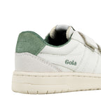 Close up of the heel of a white Gola trainer with a green suede heel tab and cream sole