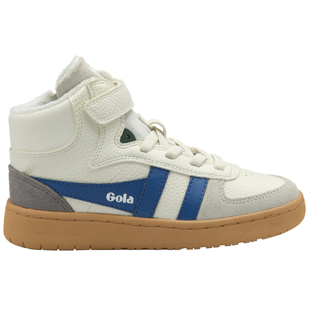 Gola Classics off white high top trainer with blue side stripes and gum sole