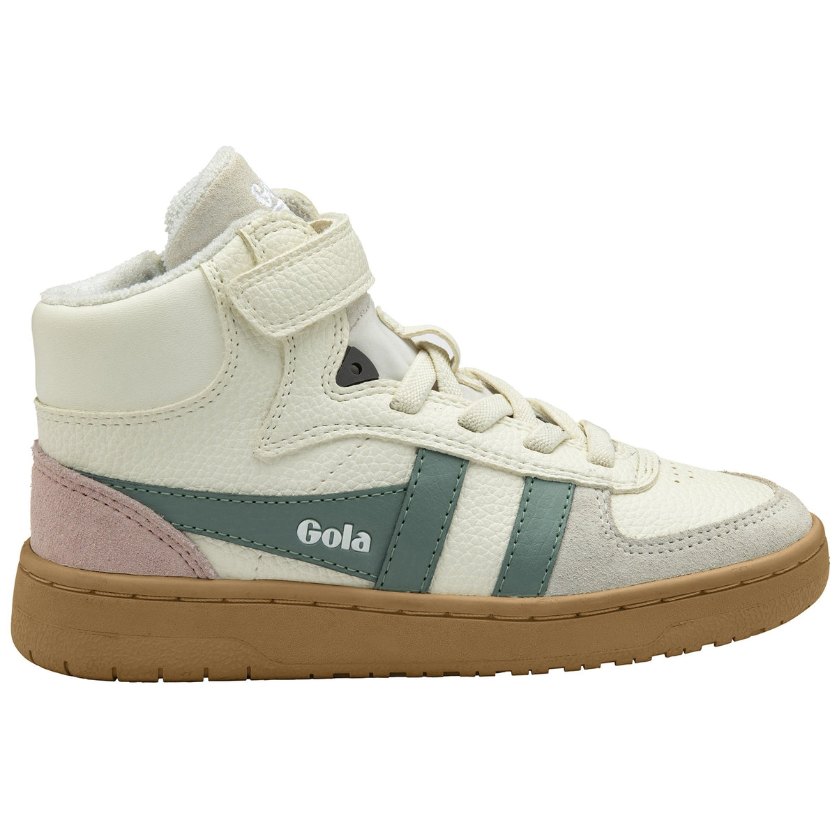 Gola Classics high top trainer in cream with green side stripes and a gum sole