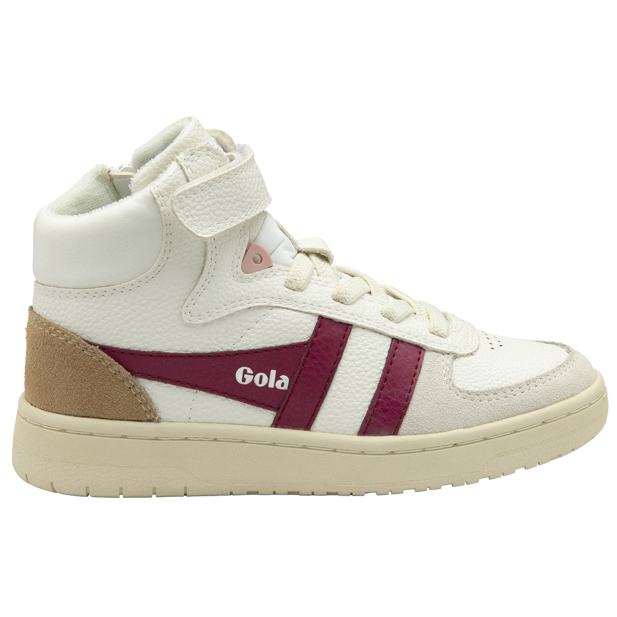 Gola Classics high top trainer in white with burgundy side stripes and tan suede heel detail