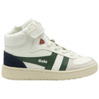 Gola Classics white high top trainer with green and navy side panels and hook and loop strap