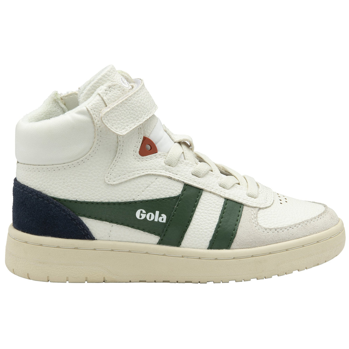 Gola Classics white high top trainer with green and navy side panels and hook and loop strap