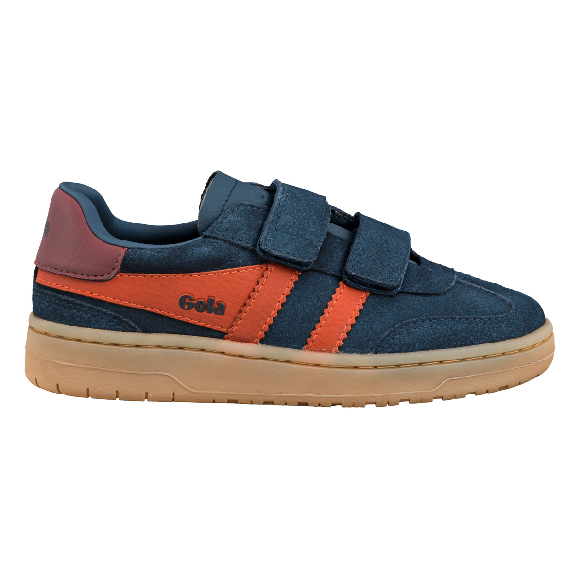 Gola Classics navy suede trainer with orange side stripes and hook and loop fastening