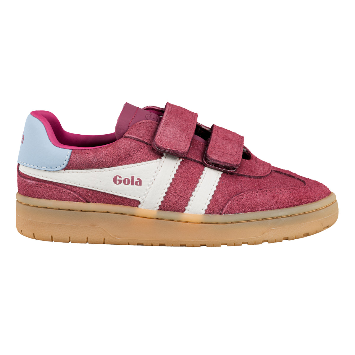 Gola Classics burgundy suede trainer with white side stripes and hook and loop fastening