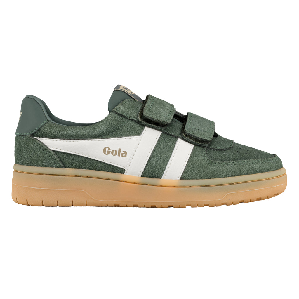 Dark green suede Gola trainer with white side stripes and gum rubber sole