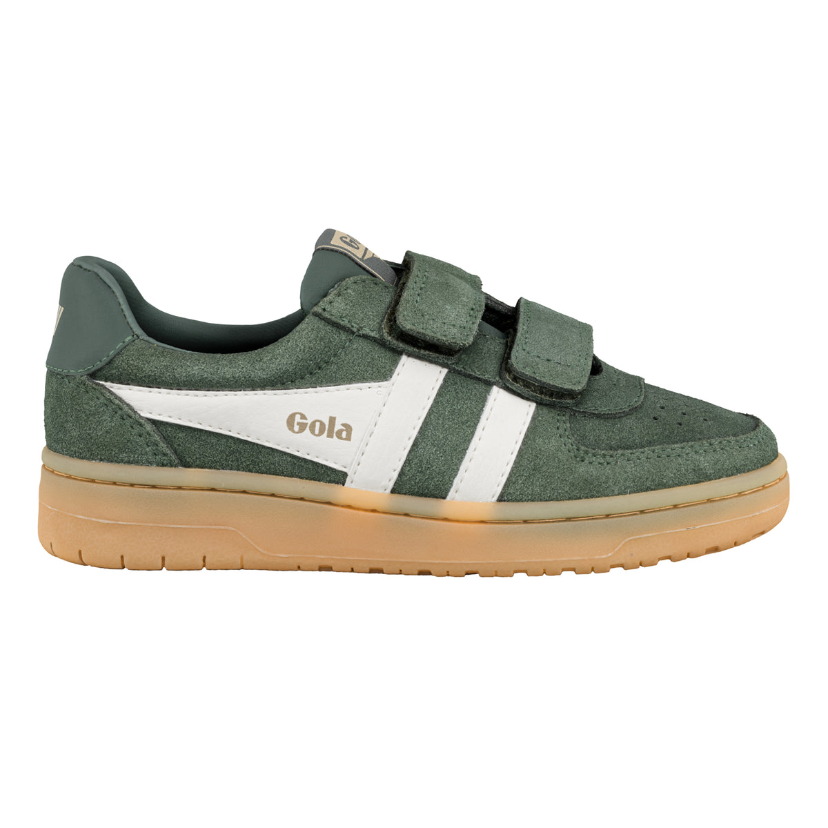 Gola Classics green suede trainer with white side stripes and hook and loop fastening
