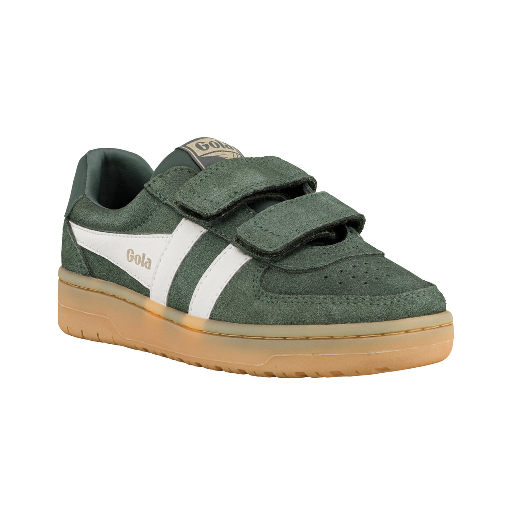 Dark green suede Gola trainer with white side stripes and gum sole featuring hook and loop fastening