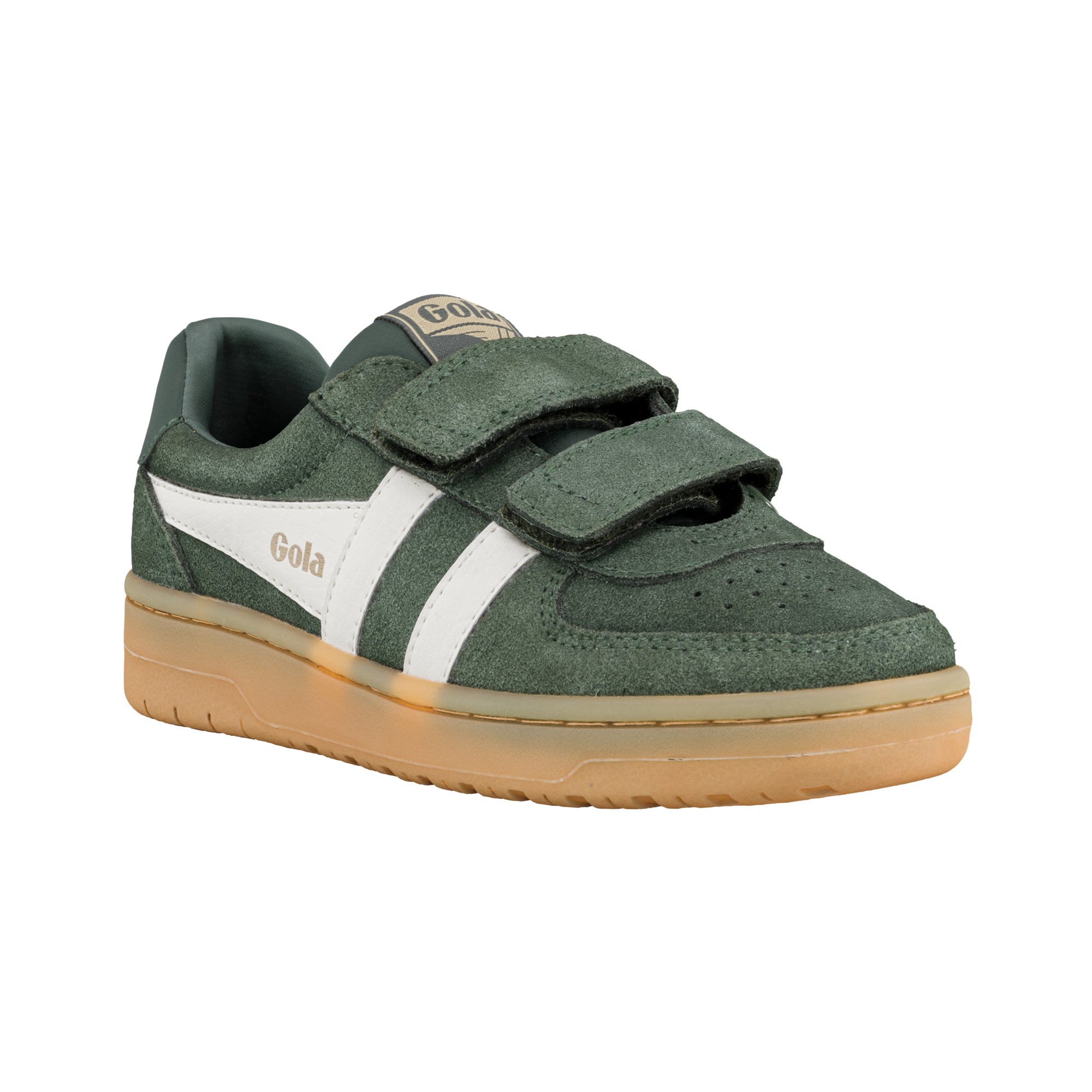 Dark green suede Gola trainer with white side stripes and gum sole featuring hook and loop fastening