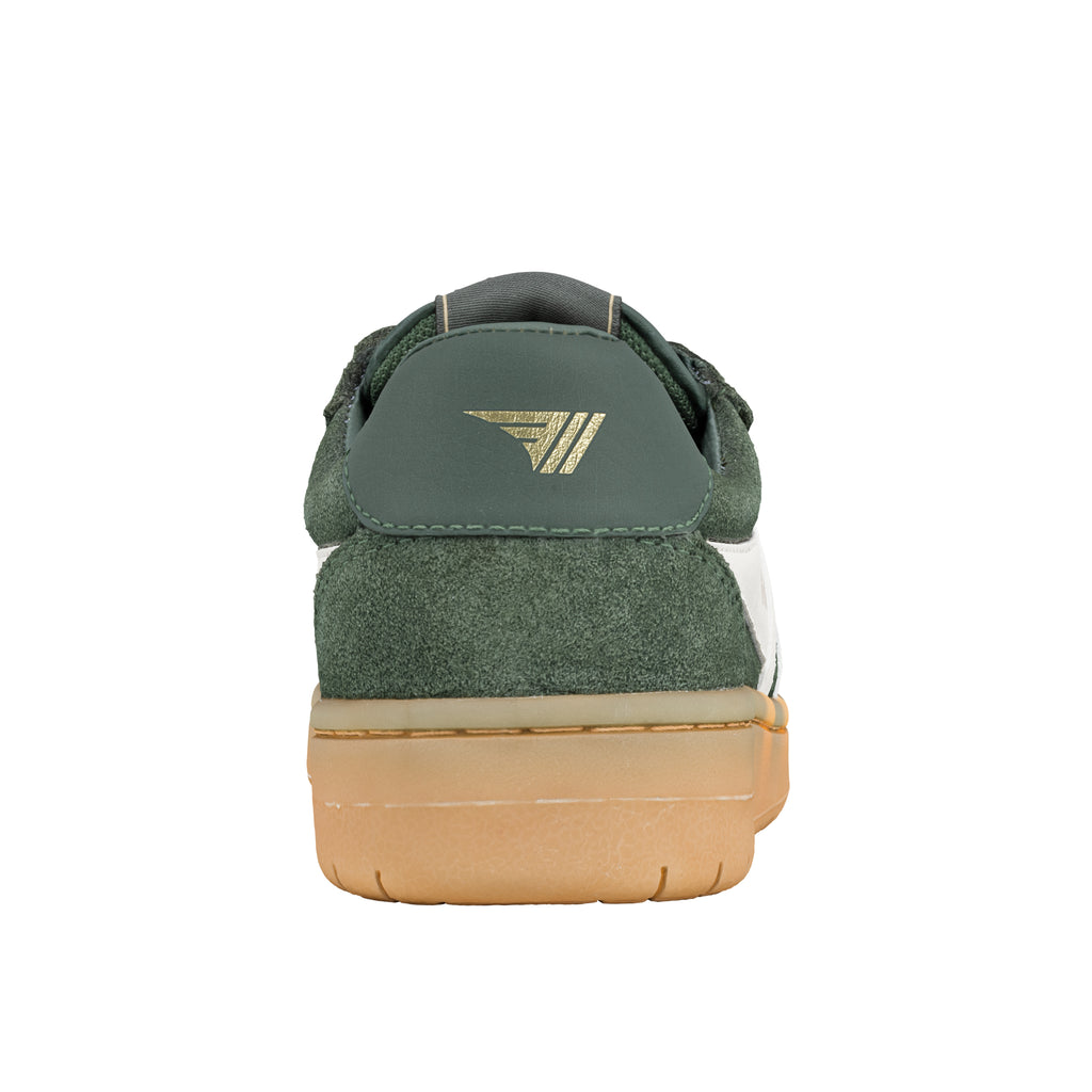 Rear view of a dark green suede trainer with a gum rubber sole and gold brand logo on the heel