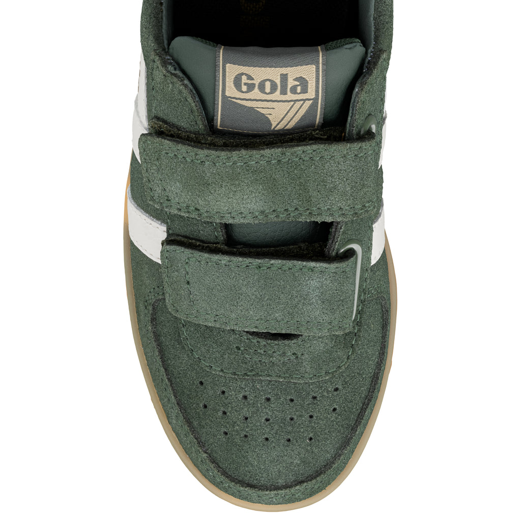 Dark green suede Gola trainer with two hook and loop fastening straps and white side stripes