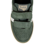 Dark green suede Gola trainer with two hook and loop fastening straps and white side stripes