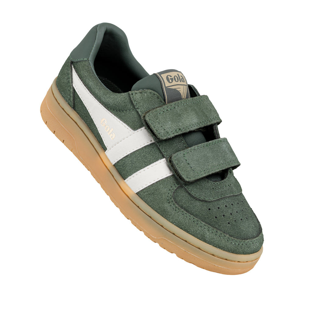 Dark green suede Gola trainer with two hook and loop straps and a gum sole