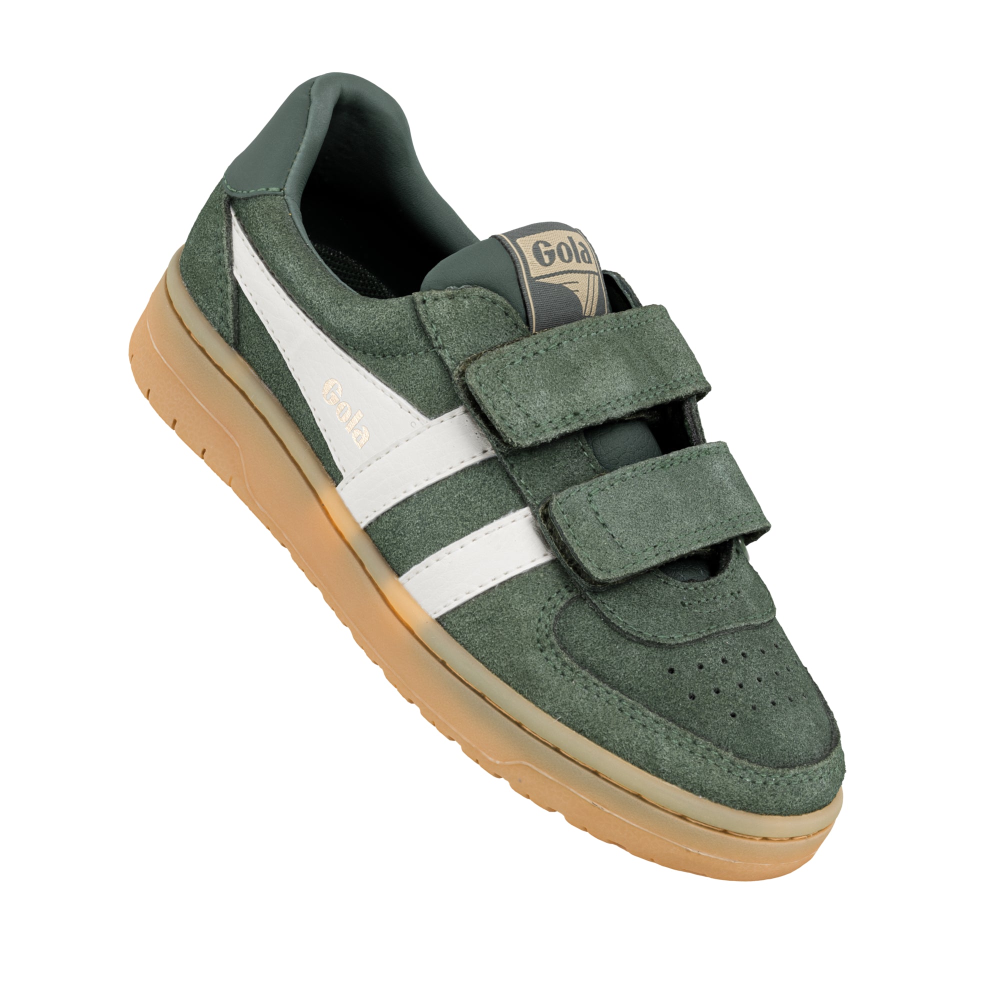 Dark green suede Gola trainer with two hook and loop straps and a gum sole