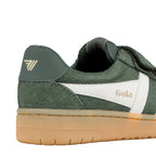 Close up of the heel and side of a green suede Gola trainer with a white stripe and gum sole