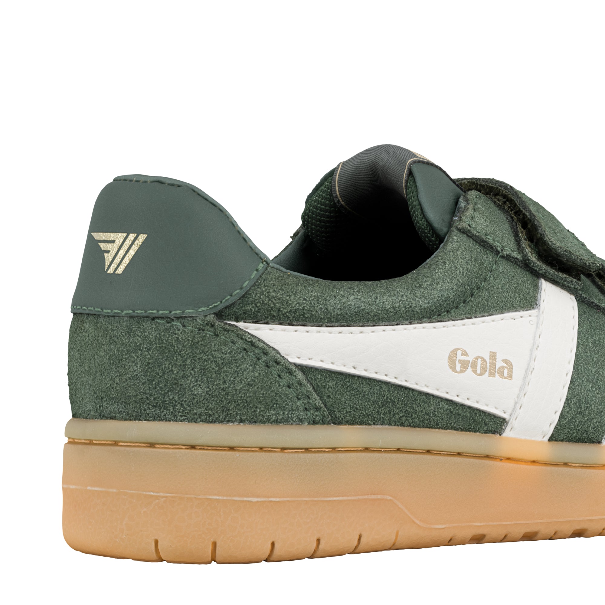 Close up of the heel and side of a green suede Gola trainer with a white stripe and gum sole
