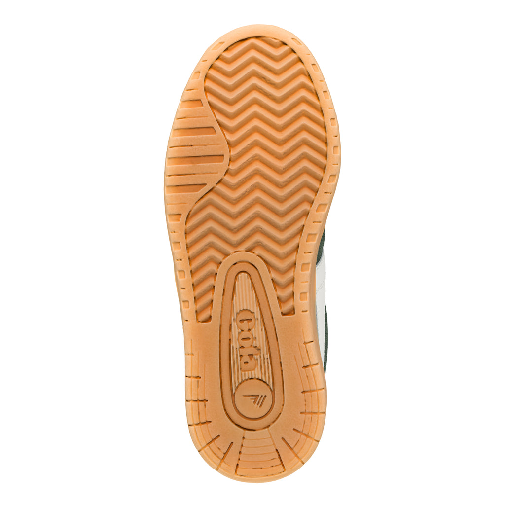 Gum rubber trainer sole with chevron tread pattern and Gola branding