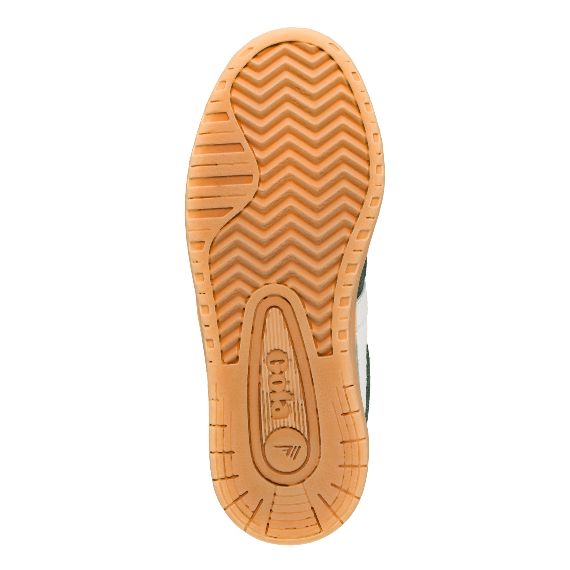 Gum rubber trainer sole with chevron tread pattern and Gola branding