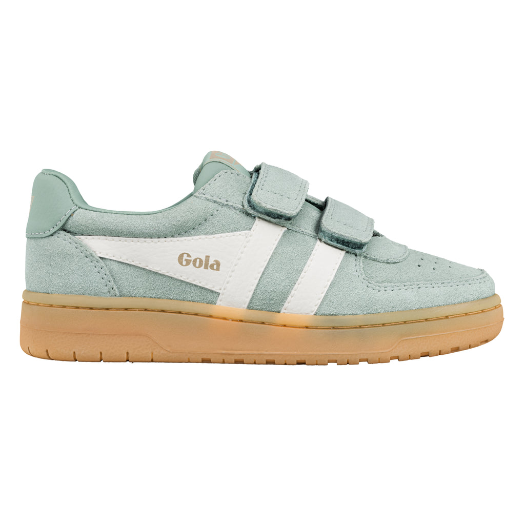 Sage green suede trainer with white side stripes and gum sole featuring two hook and loop straps