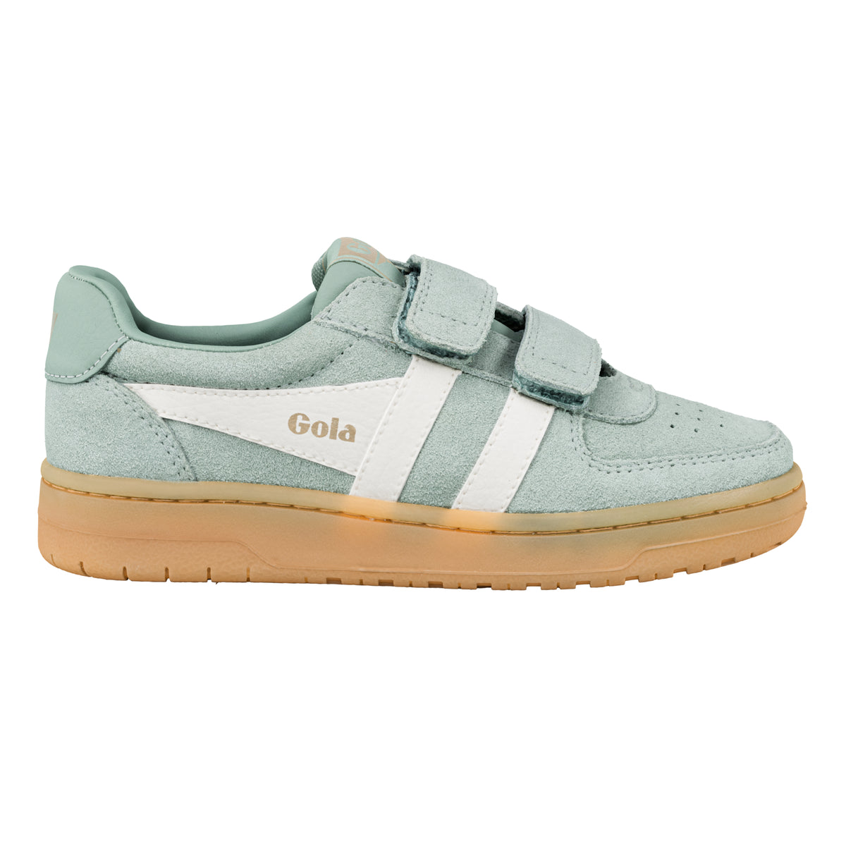 Gola Classics sage green suede trainer with white side stripes and gum sole