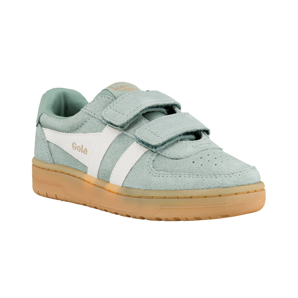 Sage green suede Gola trainer with white side stripes and gum sole featuring two hook and loop fastening straps