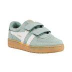 Sage green suede Gola trainer with white side stripes and gum sole featuring two hook and loop fastening straps