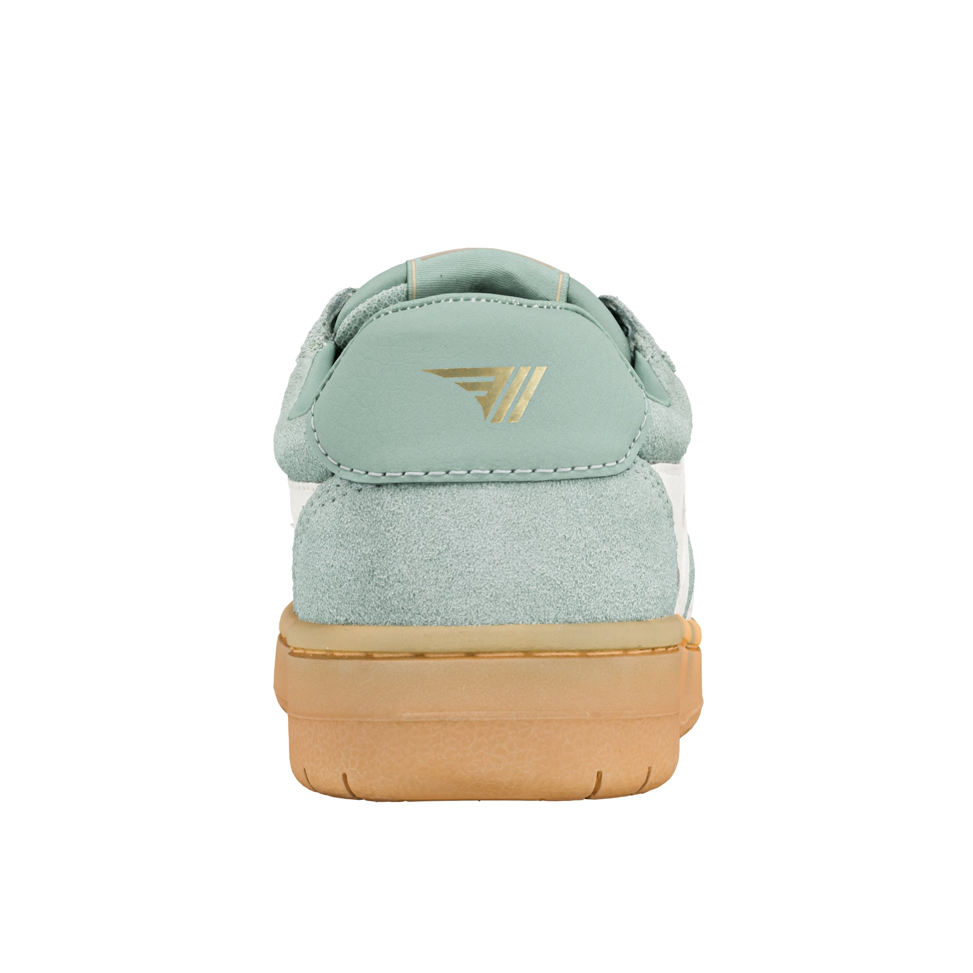 Rear view of a sage green suede trainer with a gum rubber sole and gold logo on the heel tab