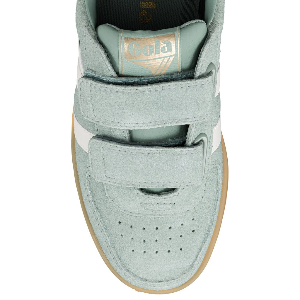Top view of a pale green suede Gola trainer with two hook and loop straps and a gum sole