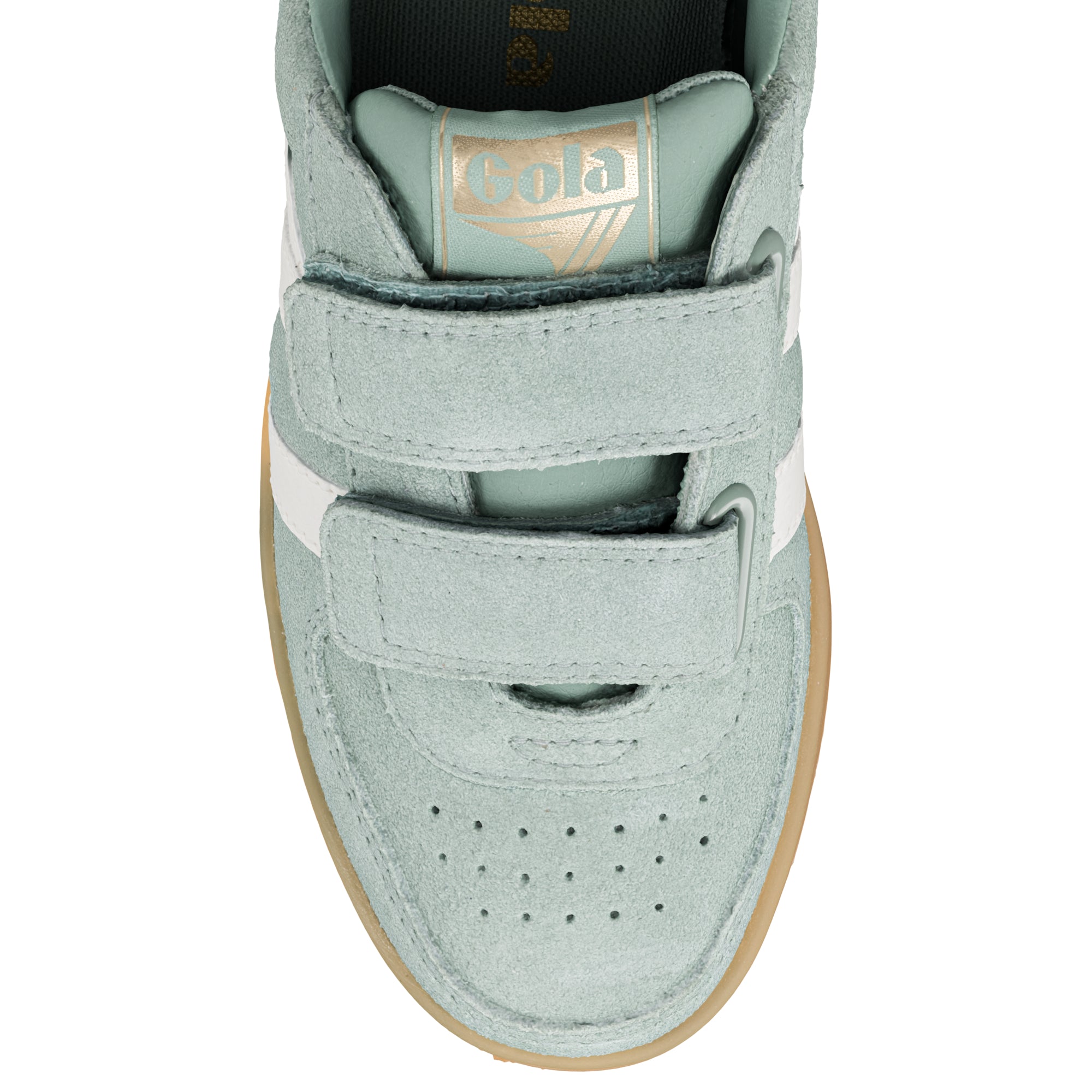 Top view of a pale green suede Gola trainer with two hook and loop straps and a gum sole