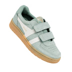 Sage green suede Gola trainer with white side stripes and gum sole featuring hook and loop fastening