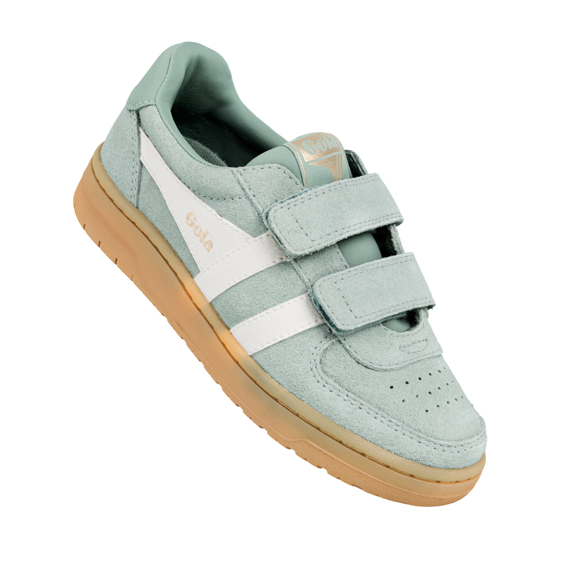 Sage green suede Gola trainer with white side stripes and gum sole featuring hook and loop fastening