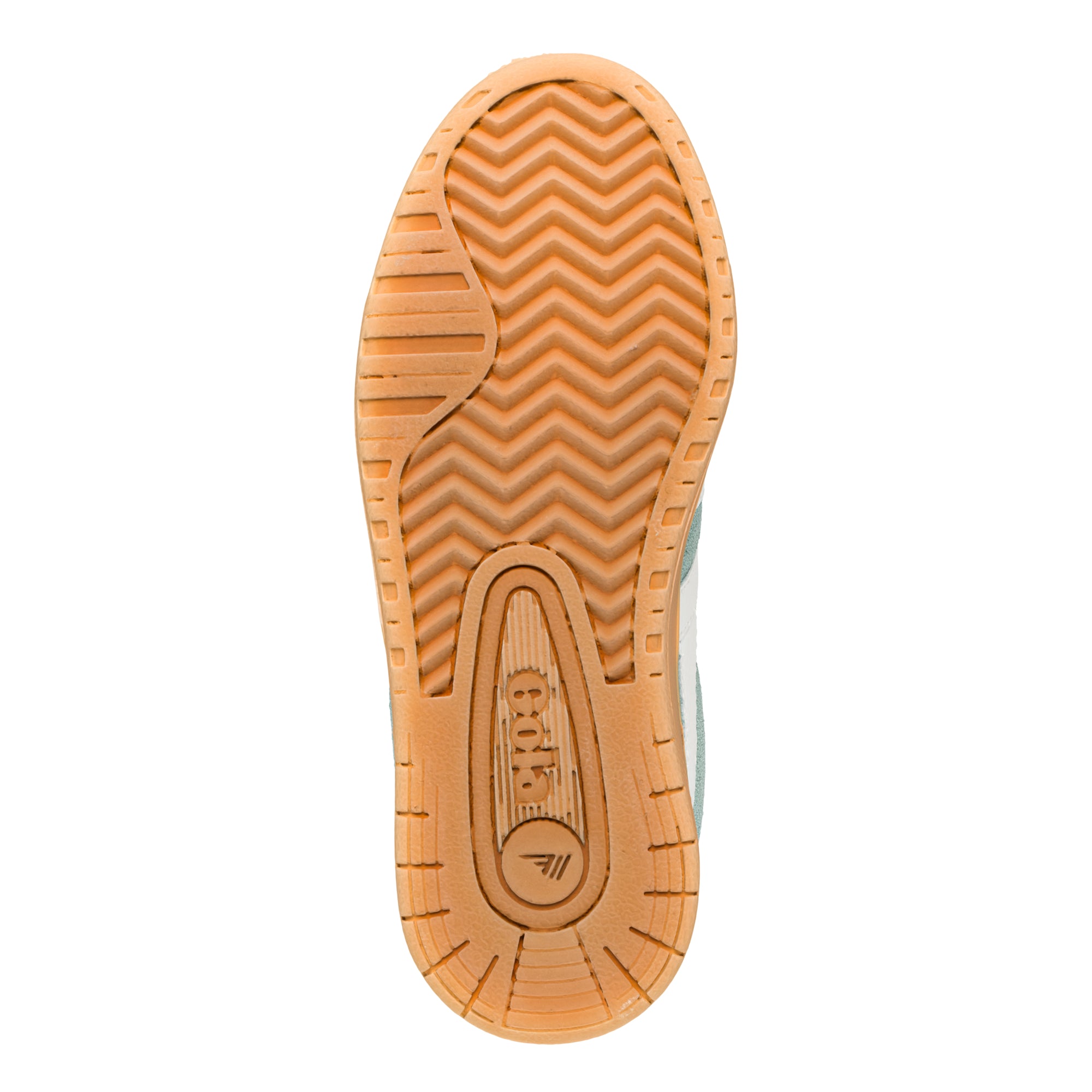 Gum rubber trainer sole with chevron tread pattern and central branding