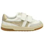 Gola Classics white and gold trainer with hook and loop fastening and gum sole