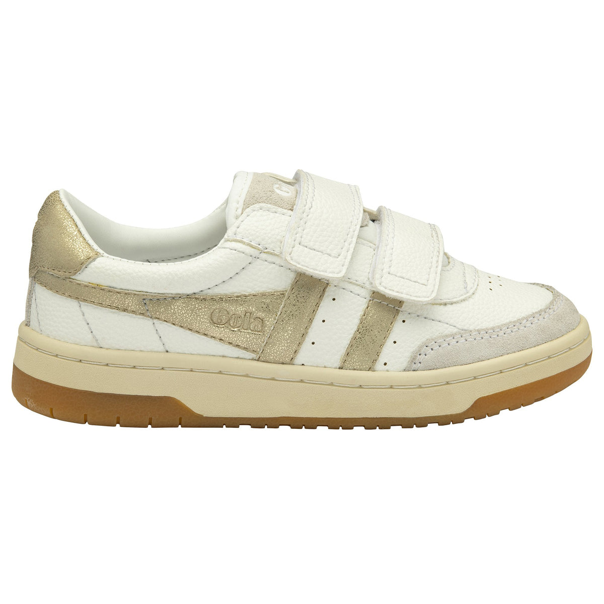 Gola Classics white and gold trainer with hook and loop fastening and gum sole