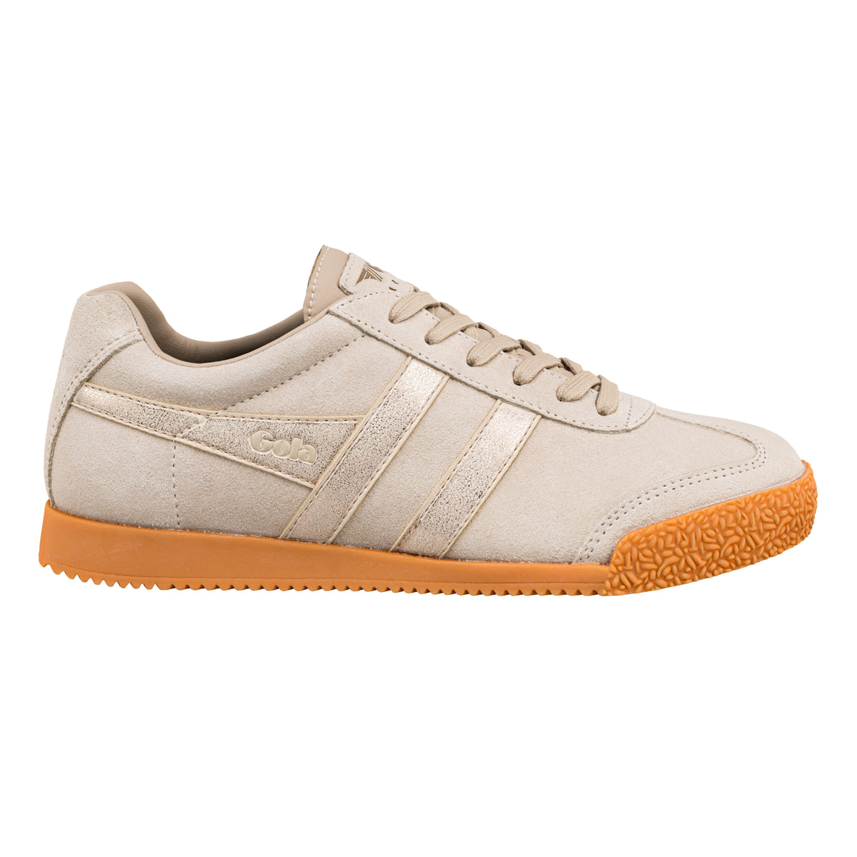 Gola Classics beige suede trainer with metallic side stripes and gum rubber sole