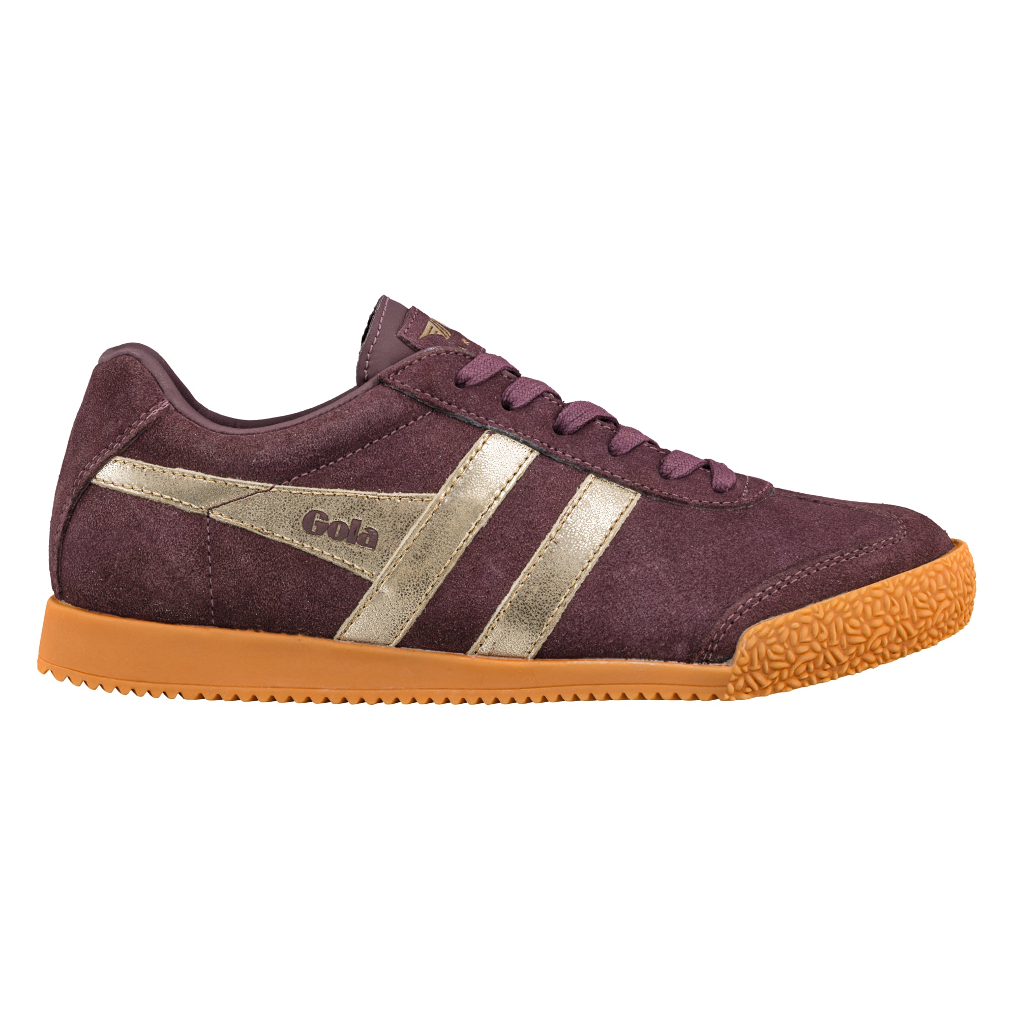 Plum suede Gola trainer with gold metallic side stripes and gum rubber sole