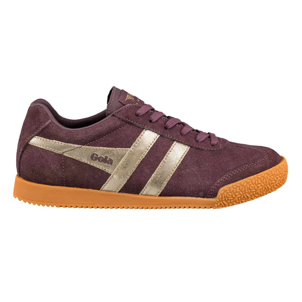 Gola Classics plum suede trainer with gold side stripes and gum sole
