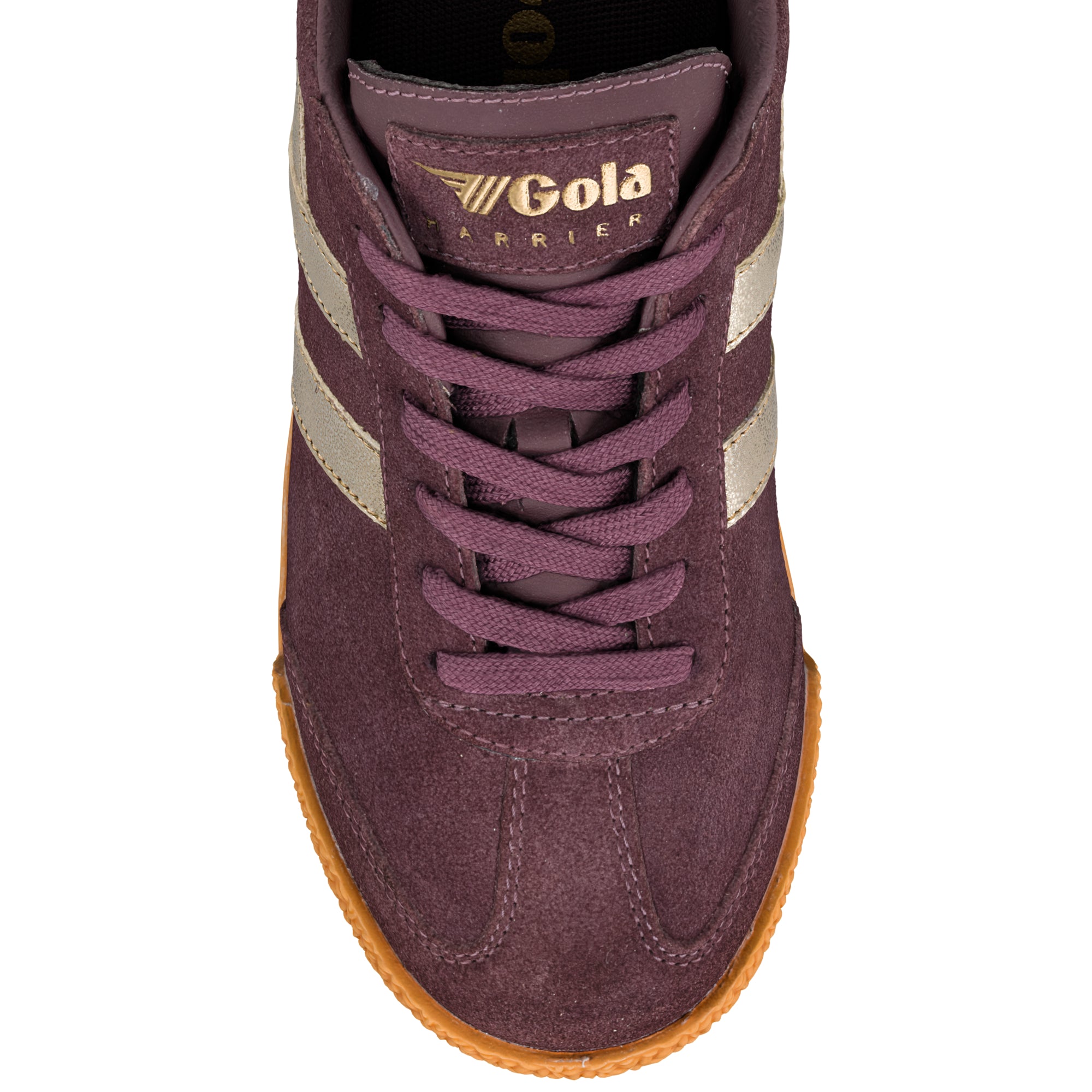 Top view of a burgundy suede Gola Harrier trainer with metallic gold side stripes and a gum rubber sole