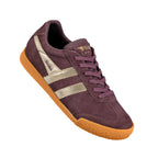 Plum suede Gola trainer with gold side stripes and a textured gum sole