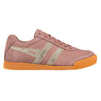 Dusty pink suede Gola trainer with metallic gold side stripes and a textured orange gum sole