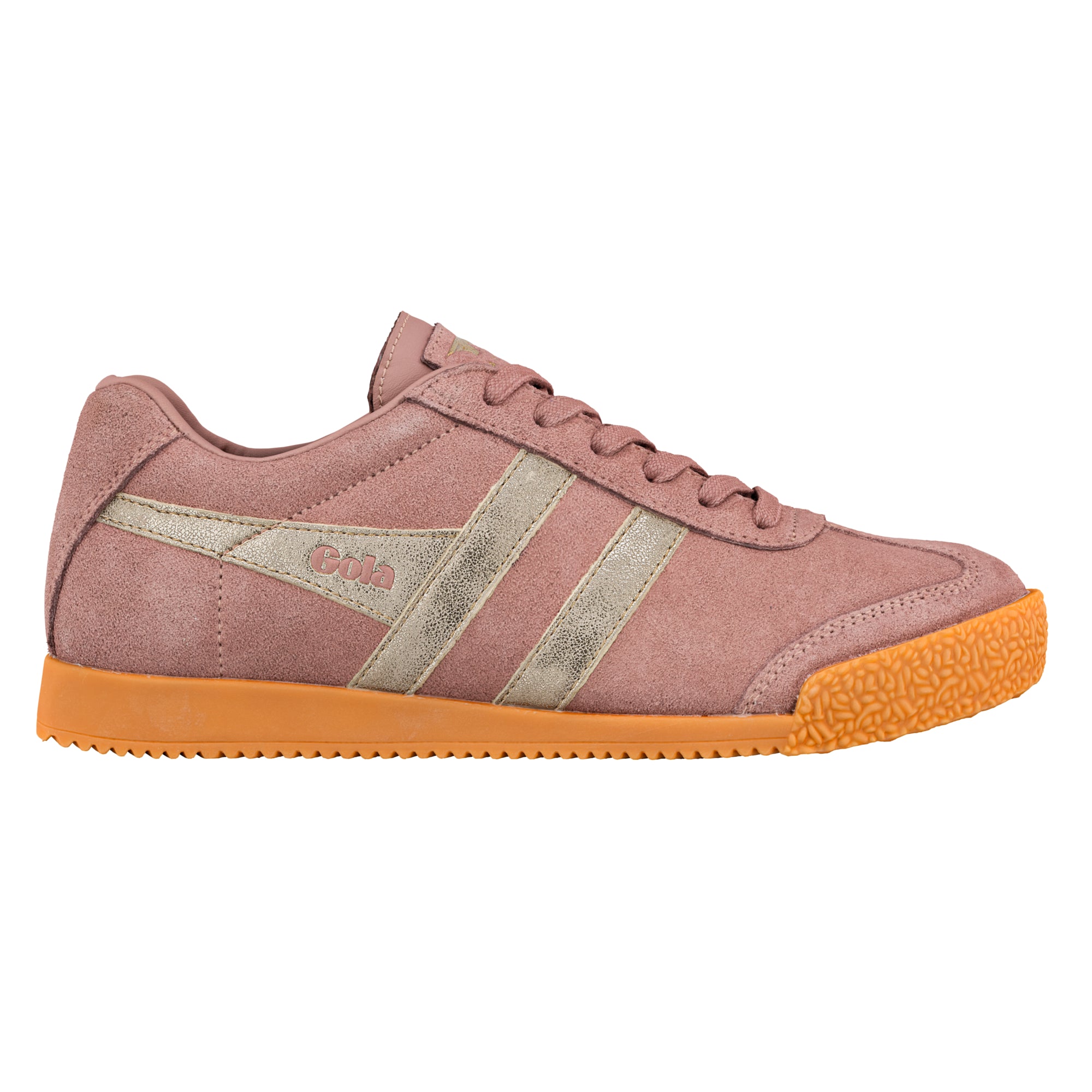 Dusty pink suede Gola trainer with metallic gold side stripes and a textured orange gum sole