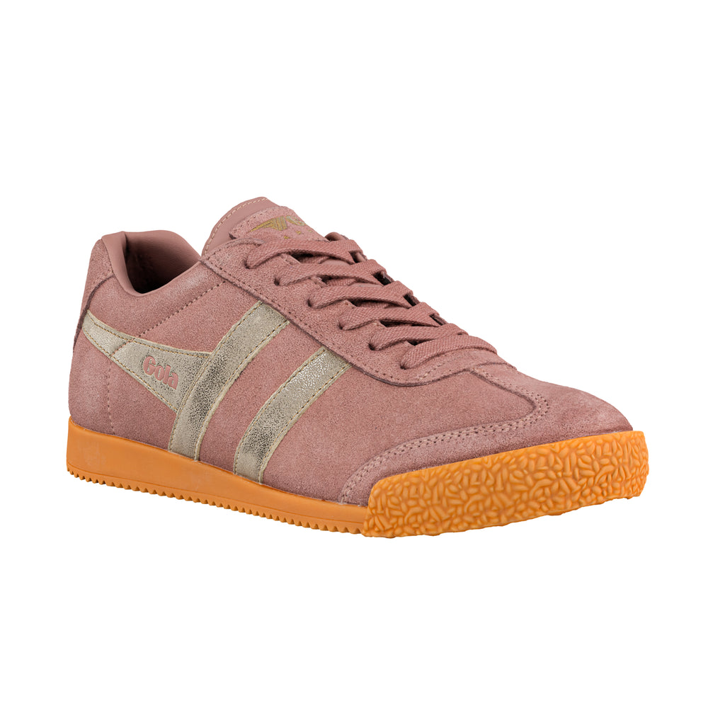 Dusty pink suede Gola trainer with metallic gold side stripes and a textured orange rubber sole