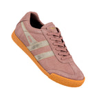 Dusty pink suede trainer with metallic gold side stripes and a textured gum sole