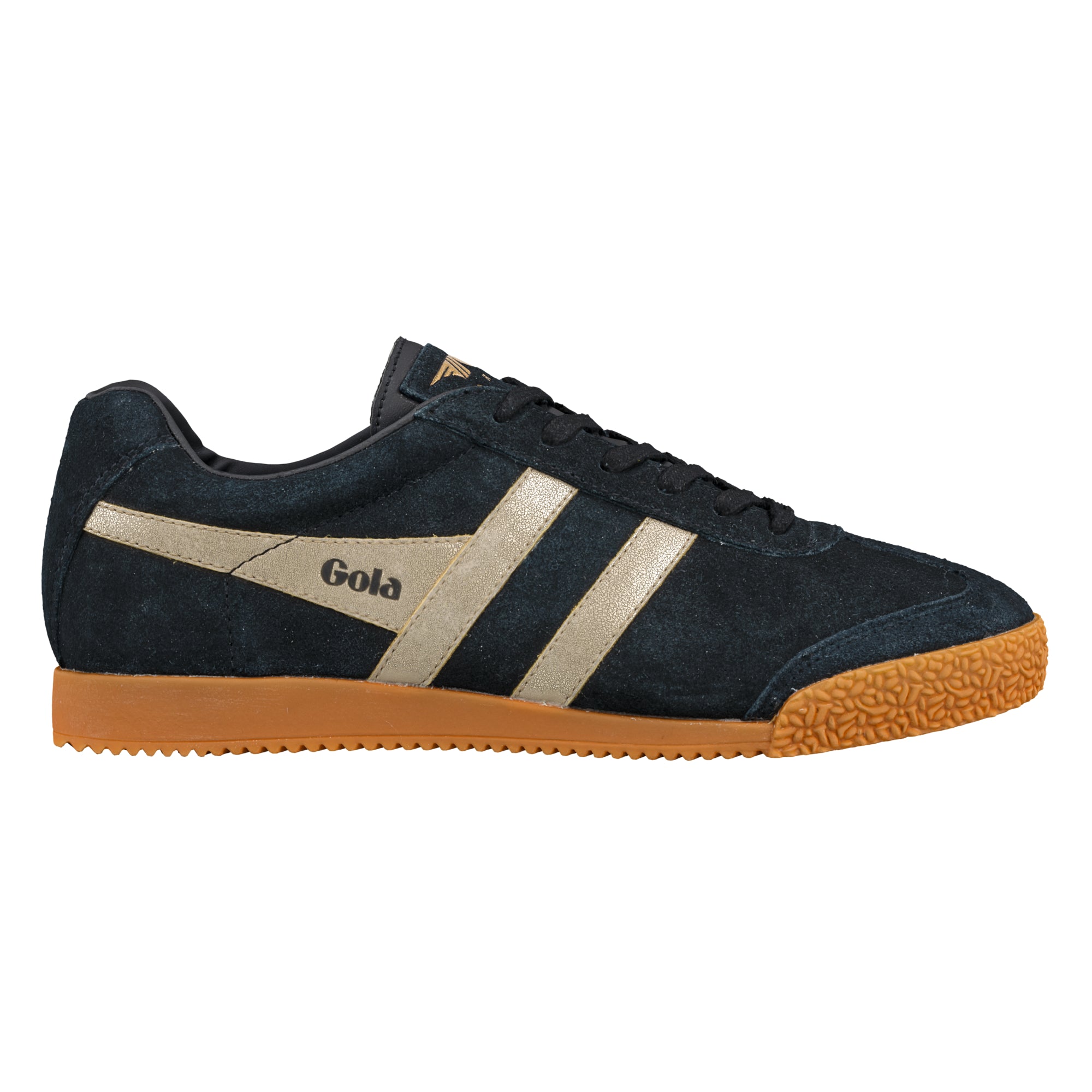 Black suede Gola trainer with gold side stripes and a gum rubber sole