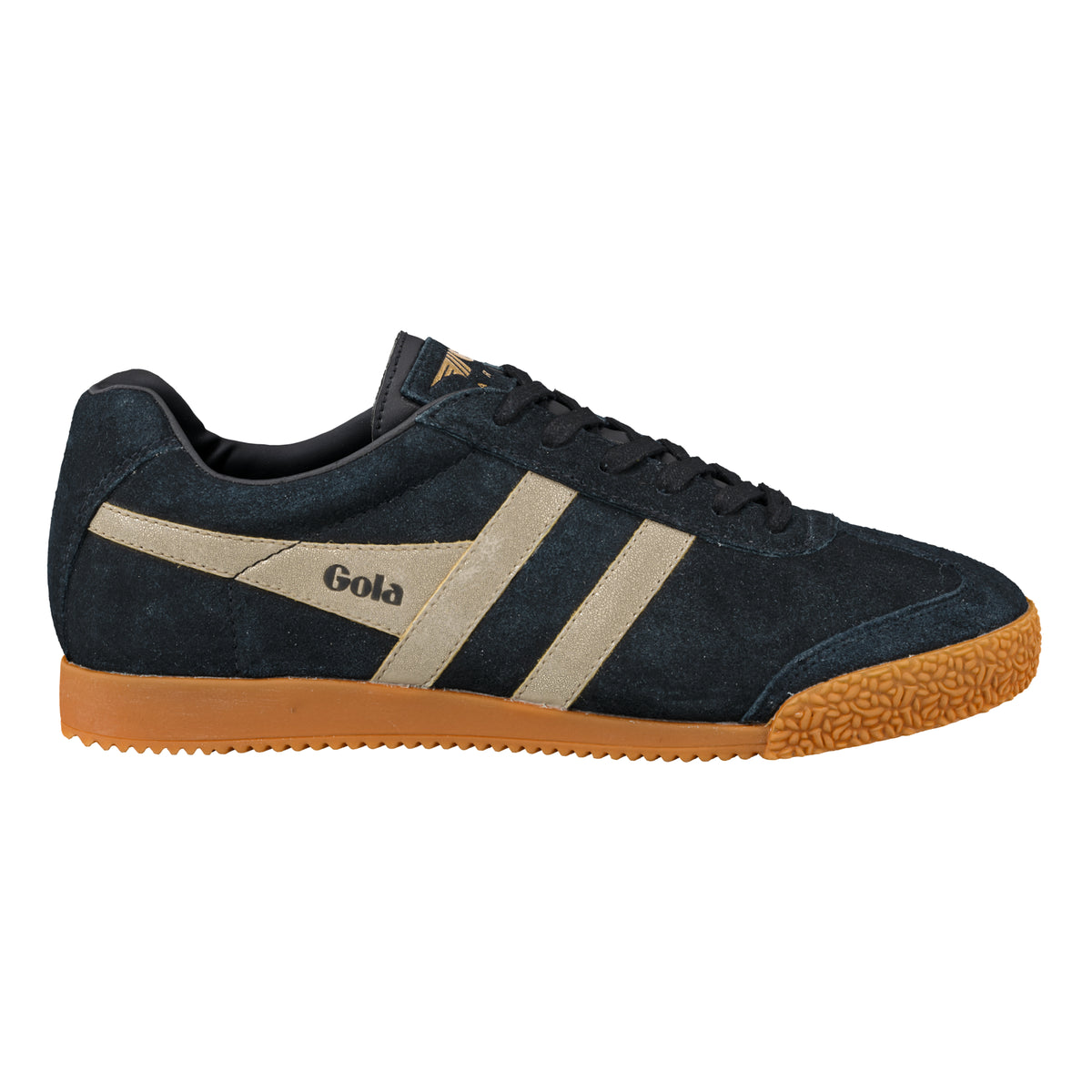 Gola Classics navy suede trainer with gold side stripes and gum rubber sole